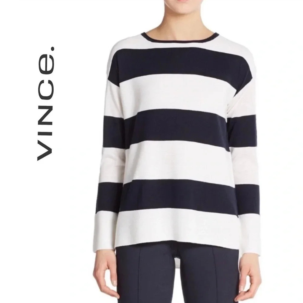 Vince Navy and Cream Boatneck Striped Knit Sweater - XS